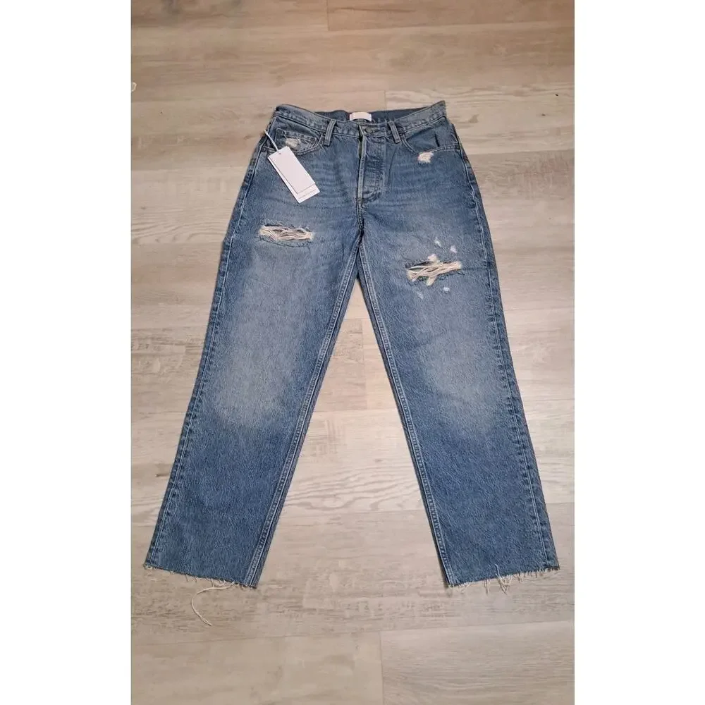 Revolve Boyish Tommy High-Rise Straight Distressed Jeans Button Fly 27 Raw Hem - Picture 4 of 9